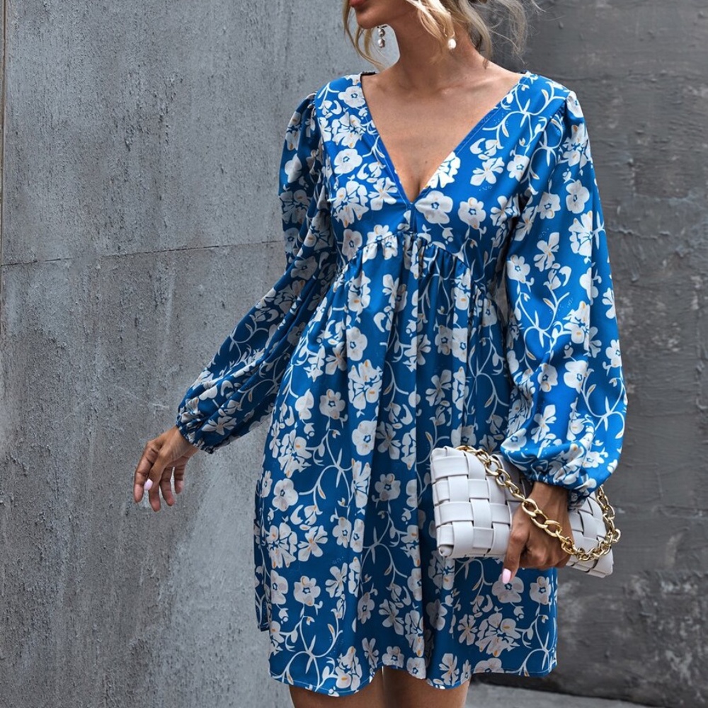 V neck open back floral print mini dress - BRICK - Picture 5 of 16